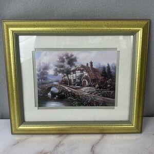 Carl Valente Print English Cottage Swans Double Matted Framed  12 X 10 signed